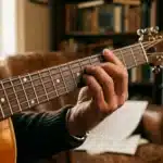 Main d'un musicien jouant de la guitare acoustique en bois