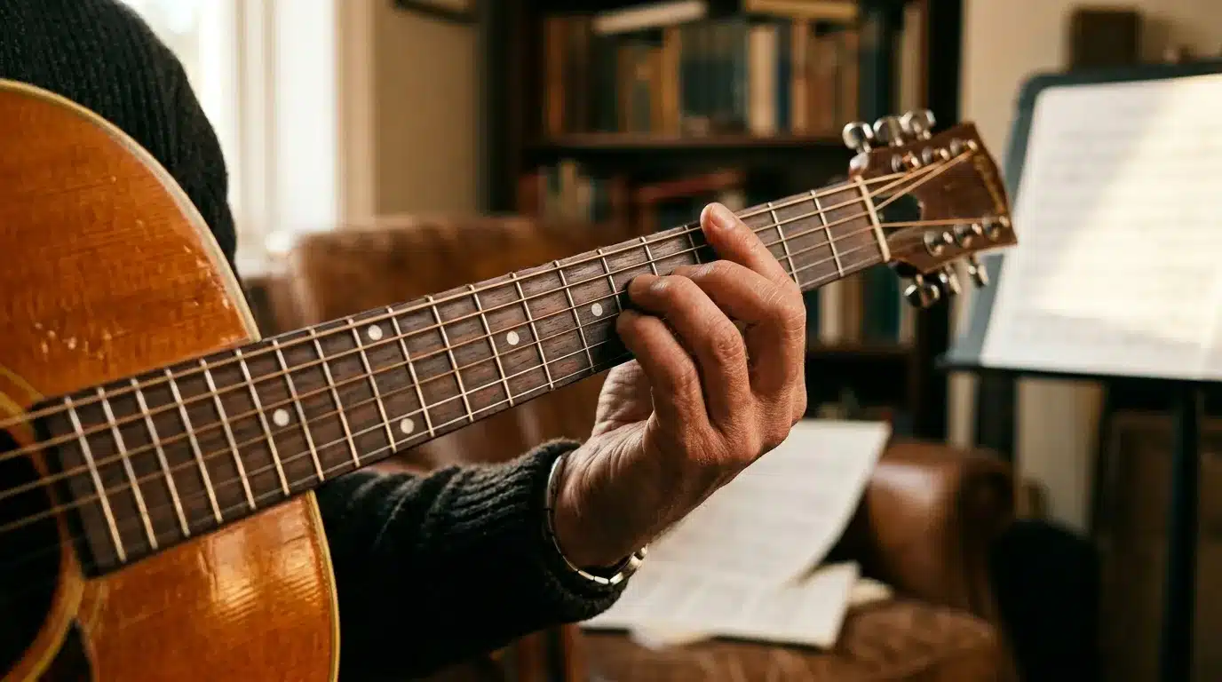 Main d'un musicien jouant de la guitare acoustique en bois