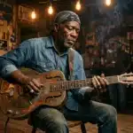 Musicien jouant de la guitare acoustique dans un bar blues authentique