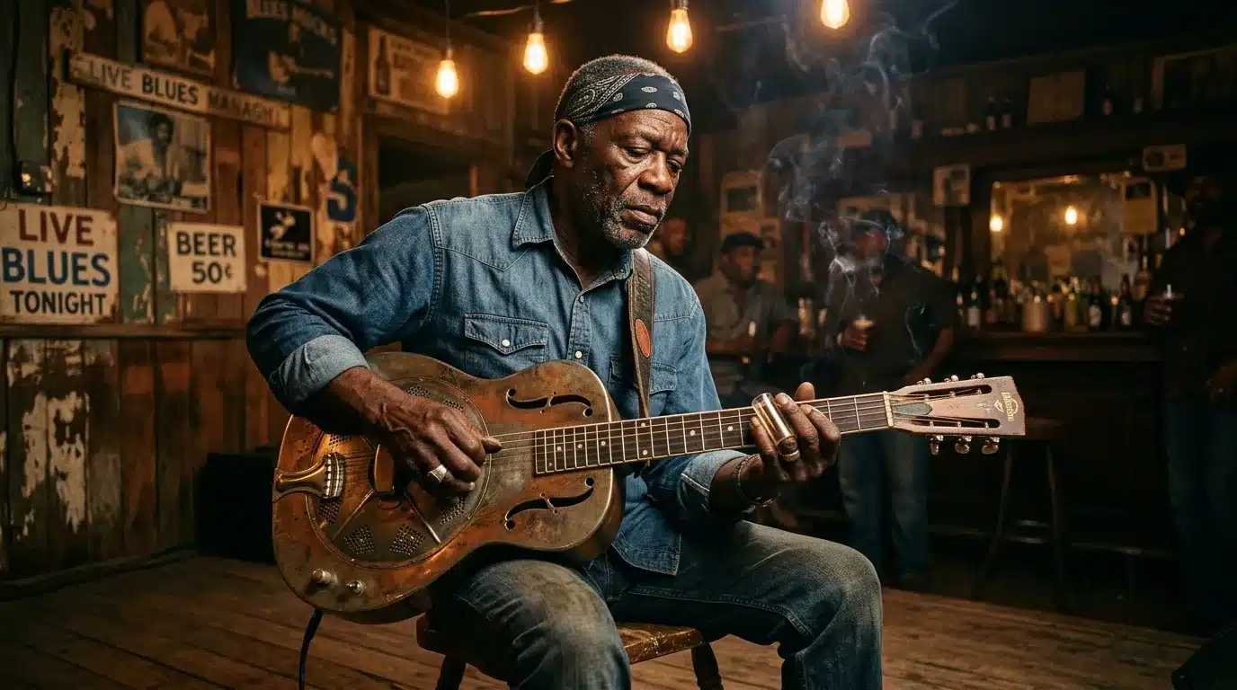 Musicien jouant de la guitare acoustique dans un bar blues authentique