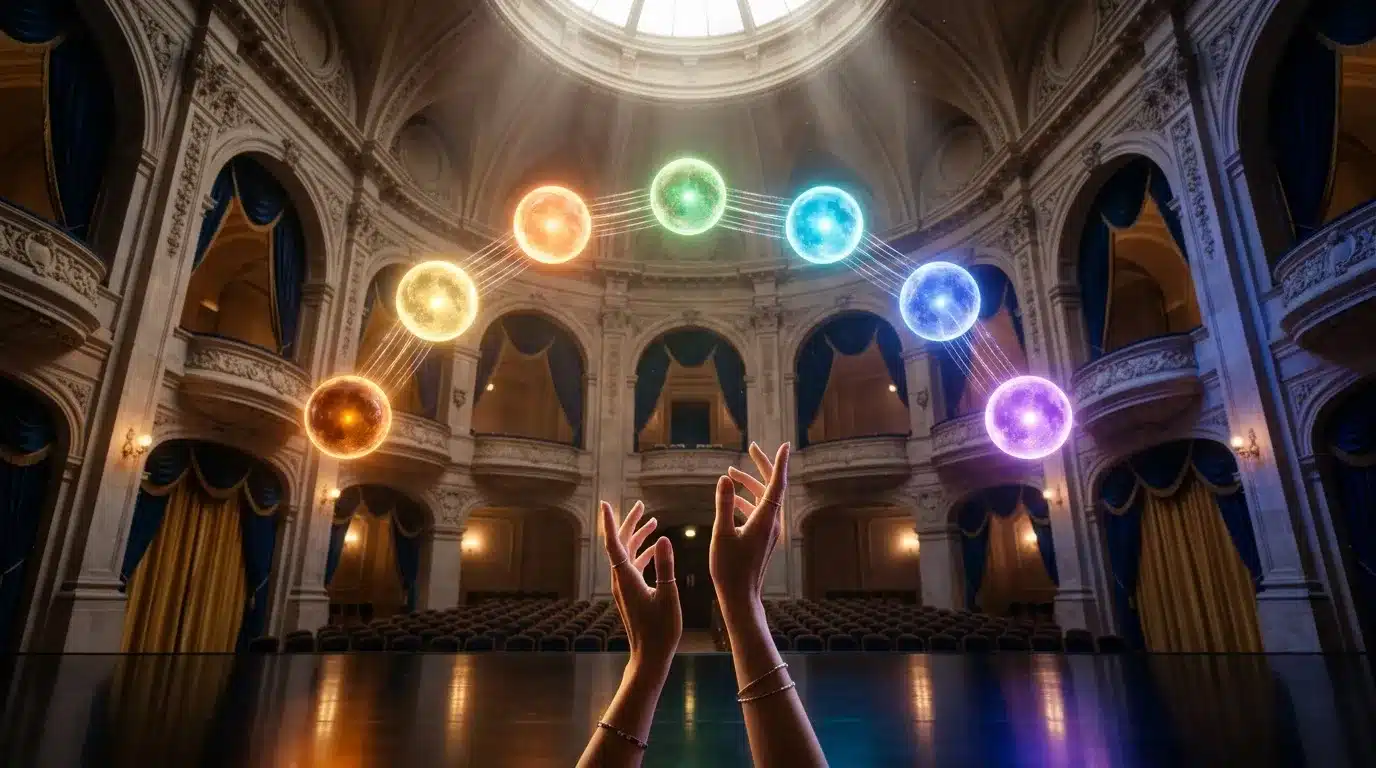 Mains levées vers sept orbes colorés brillants dans salle opulente