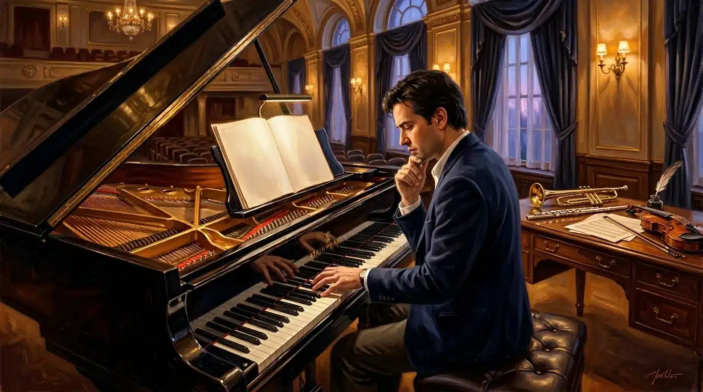 Homme en costume compose au piano dans un salon luxueux.
