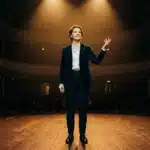 Femme en costume sombre présentant sur scène de théâtre vide