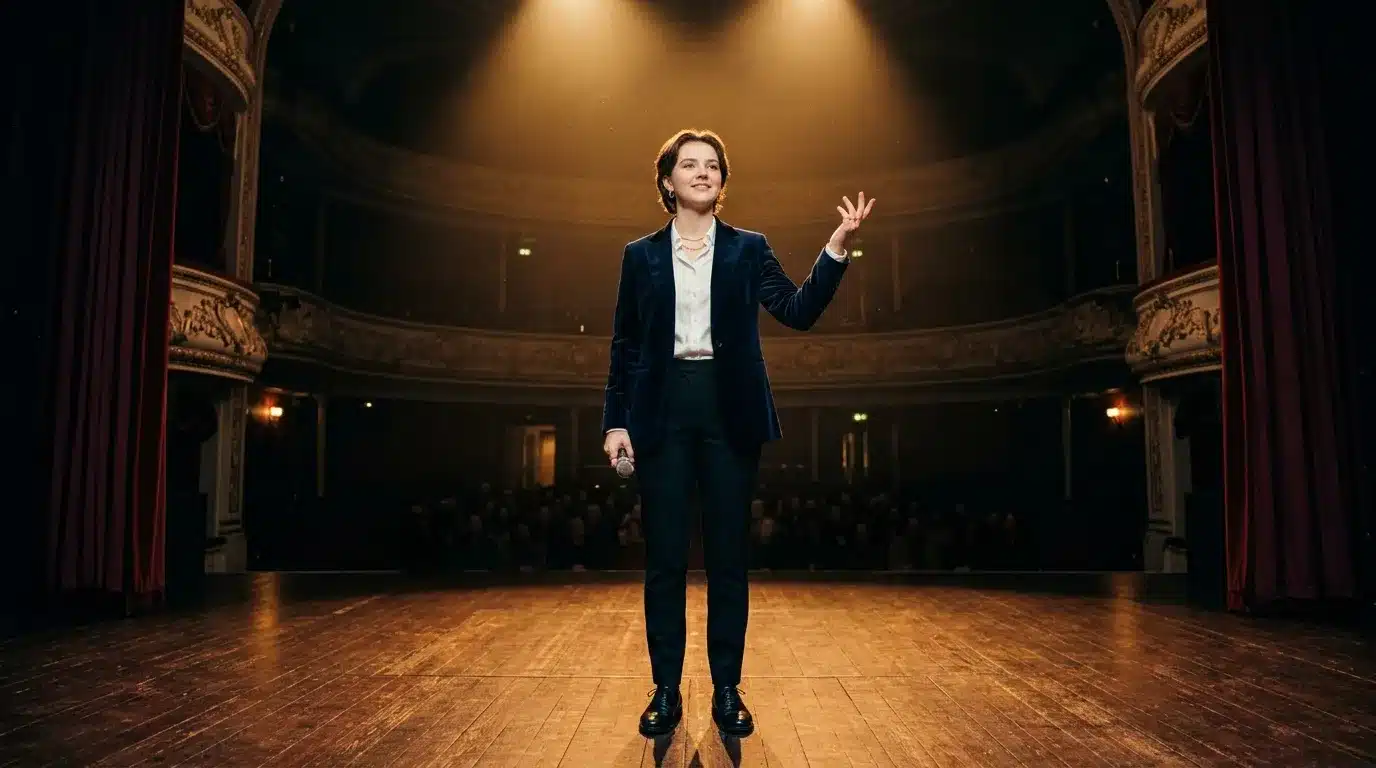 Femme en costume sombre présentant sur scène de théâtre vide