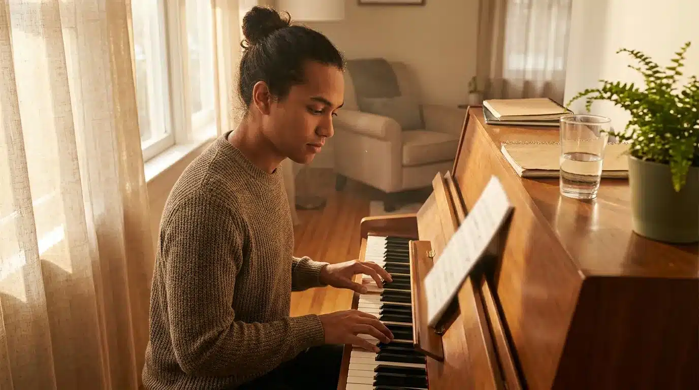 Femme en pull gris joue du piano dans un salon ensoleillé