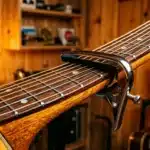 Gros plan capodastre guitare acoustique bois studio
