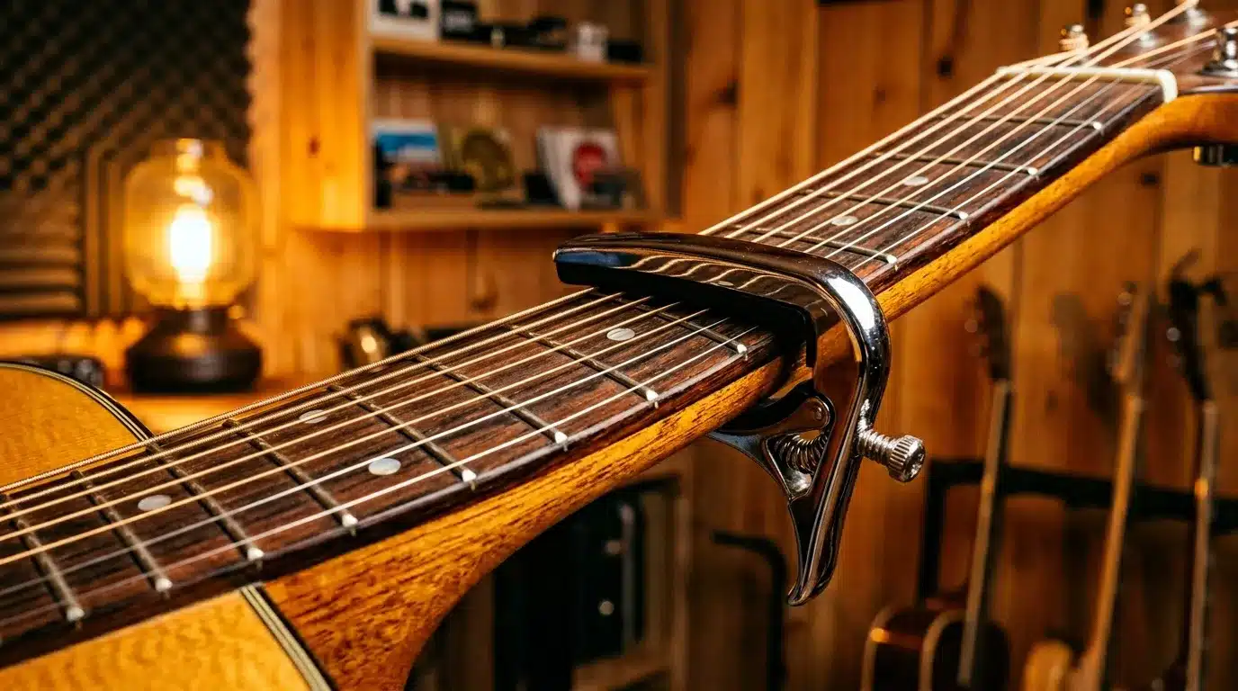 Gros plan capodastre guitare acoustique bois studio