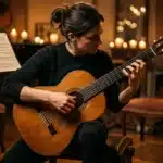 Musicienne jouant guitare classique près partition lumière douce