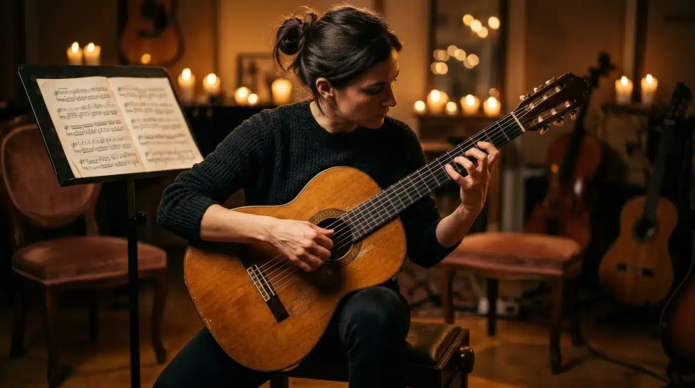 Musicienne jouant guitare classique près partition lumière douce