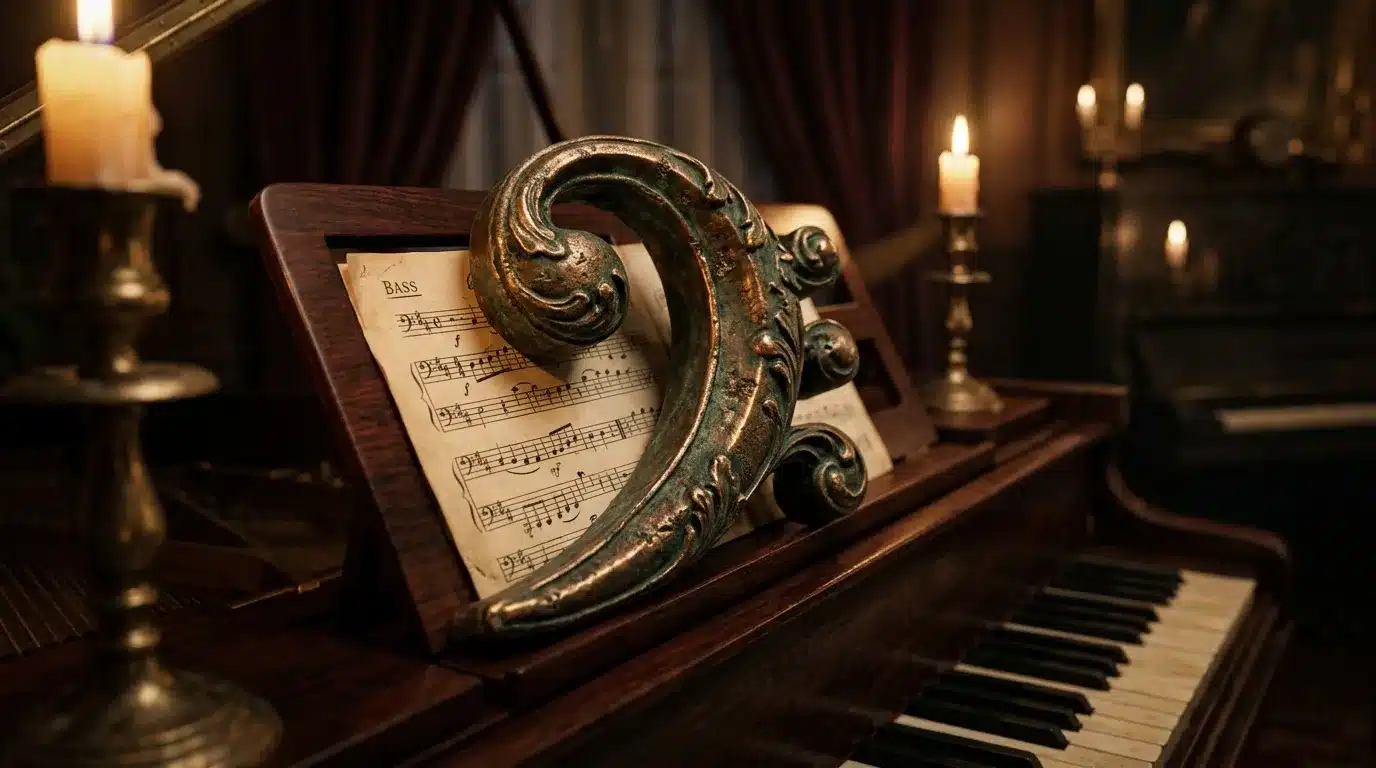 Partition de basse, instrument en bronze et piano à la lueur des bougies