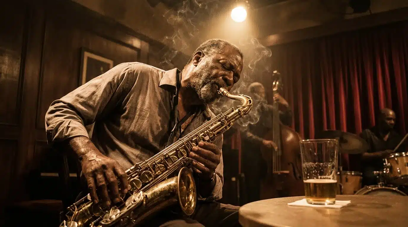 Musicien jouant du saxophone dans un club jazz