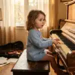 Petite fille jouant du piano dans une pièce musicale classique