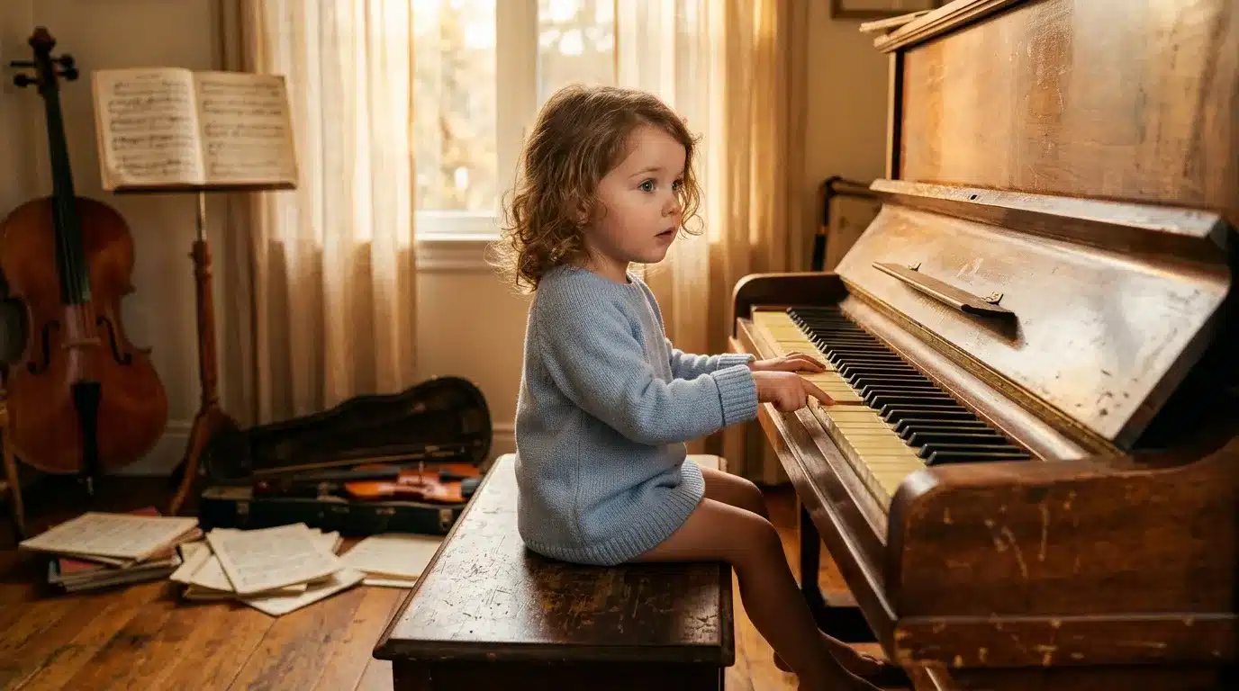Petite fille jouant du piano dans une pièce musicale classique