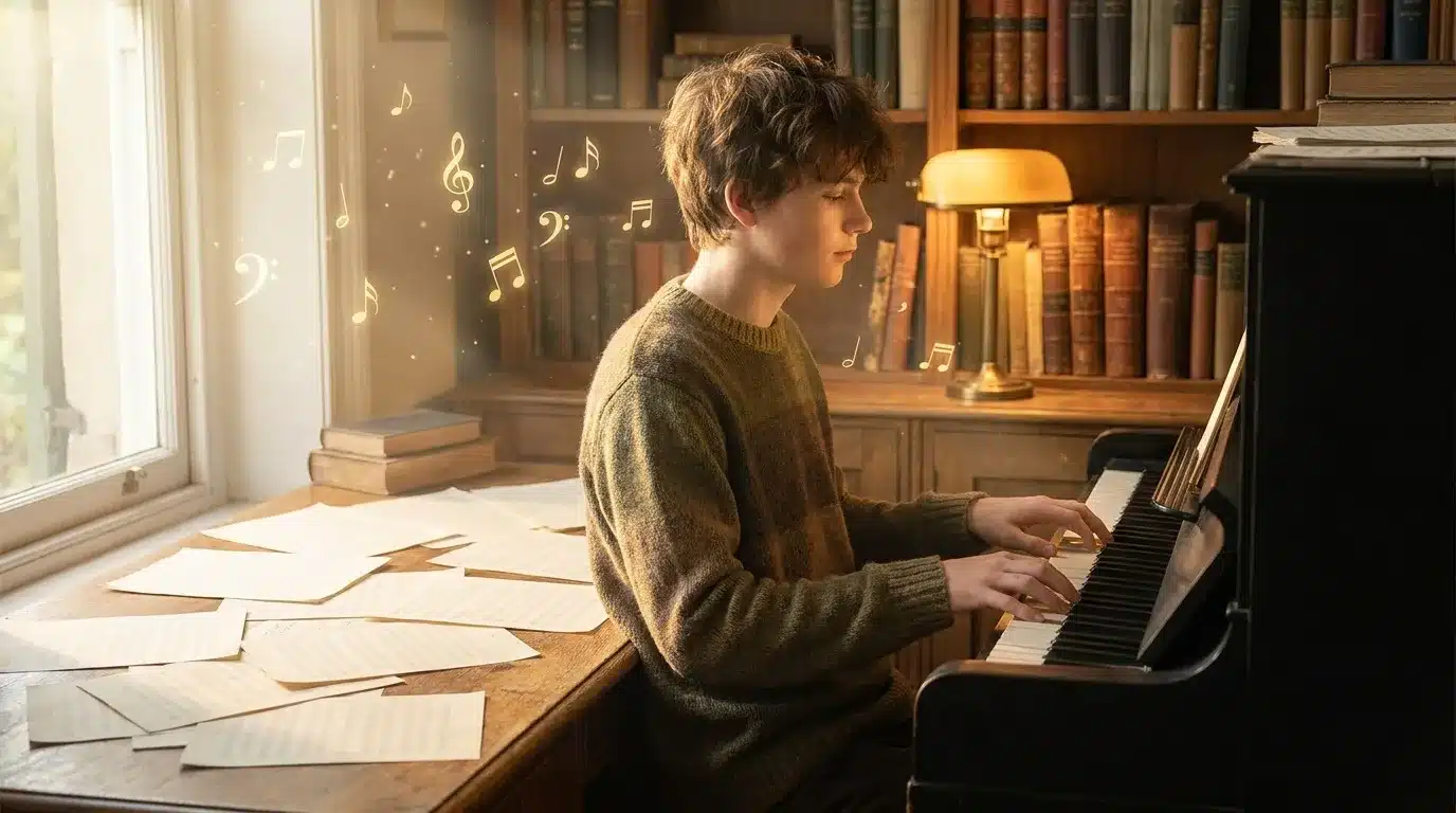 Enfant jouant du piano dans une bibliothèque lumineuse avec notes musicales