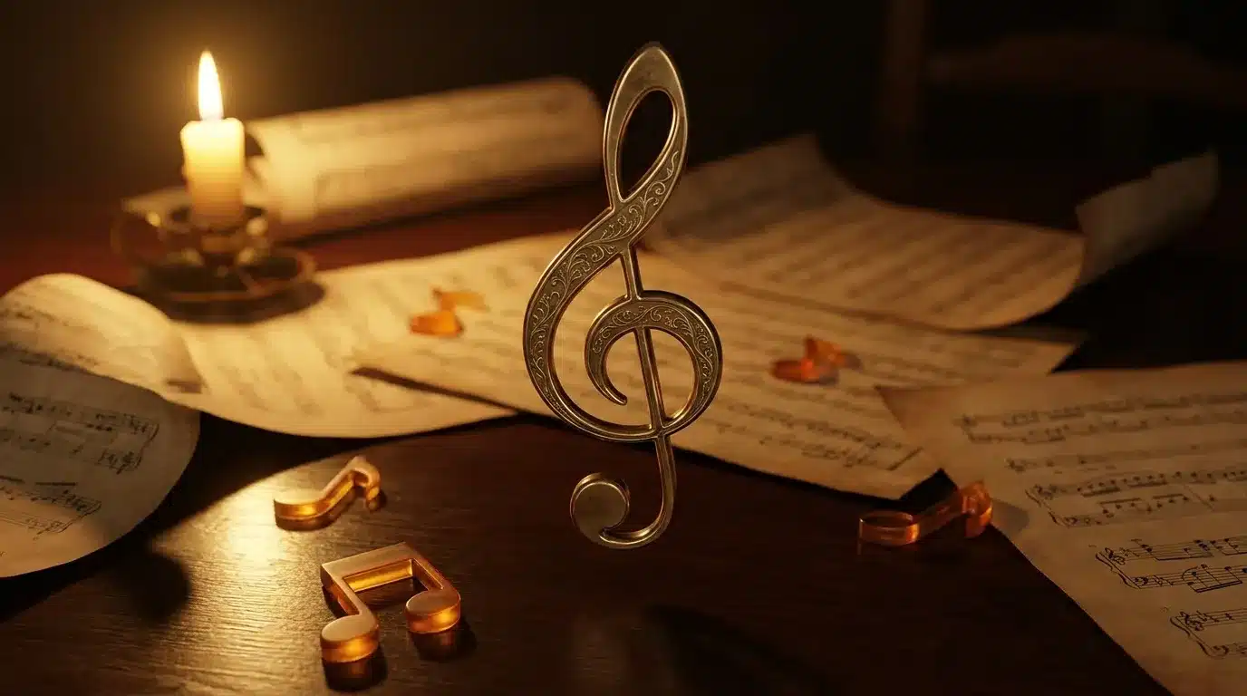 Clé de sol argentée sur partition musicale et chandelle