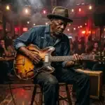 Musicien jouant de la guitare dans un bar blues authentique.