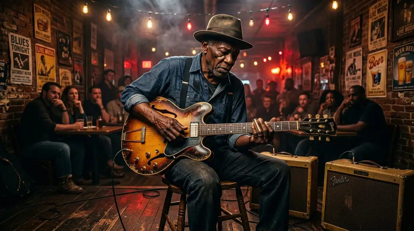 Musicien jouant de la guitare dans un bar blues authentique.
