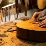 Mains d'artisan réparant guitare dans atelier