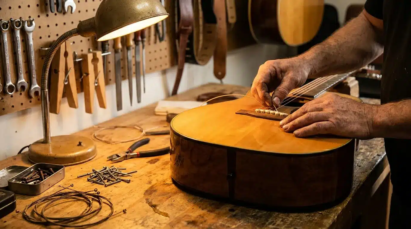 Mains d'artisan réparant guitare dans atelier
