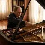 Homme accordant un piano à queue dans un salon élégant