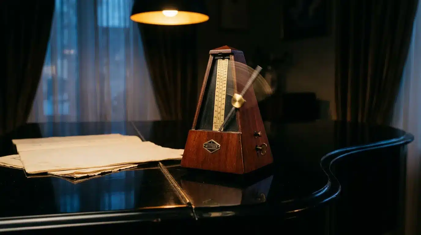 Métronome Wittner en bois sur piano à queue noir