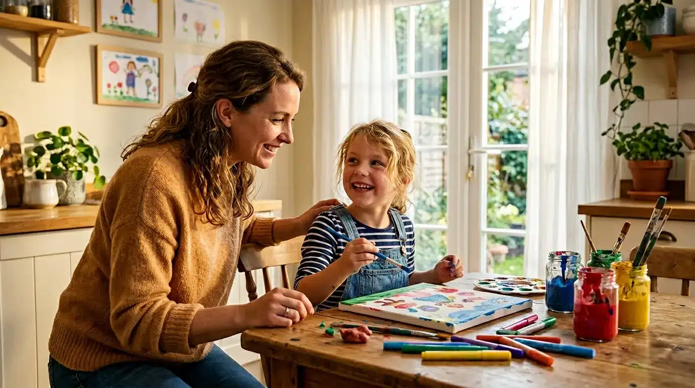 Mère et fille peignent ensemble à la table de cuisine