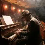 Homme âgé en chapeau jouant du piano dans un club jazzy