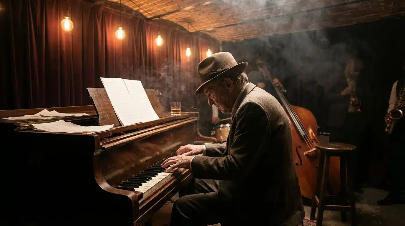 Homme âgé en chapeau jouant du piano dans un club jazzy