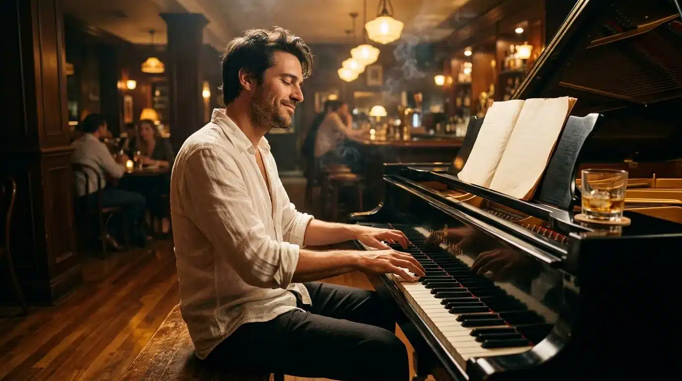 Homme jouant du piano dans un bar élégant