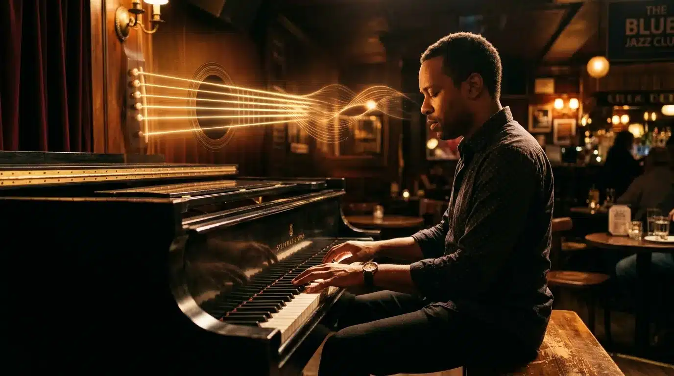 Homme jouant du piano dans un jazz club ambiance chaleureuse