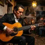 Homme jouant de la guitare classique dans une taverne traditionnelle espagnole