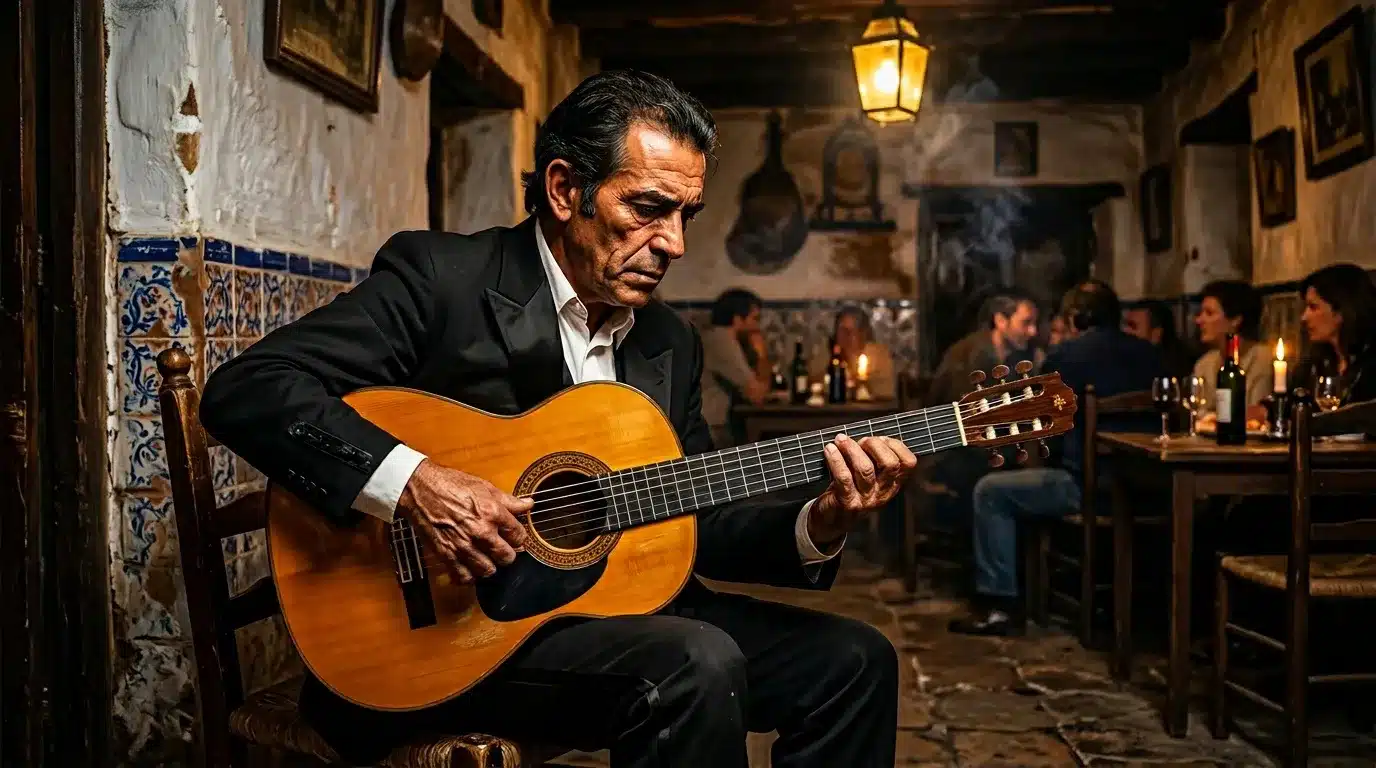 Homme jouant de la guitare classique dans une taverne traditionnelle espagnole