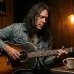 Homme jouant de la guitare acoustique dans un studio