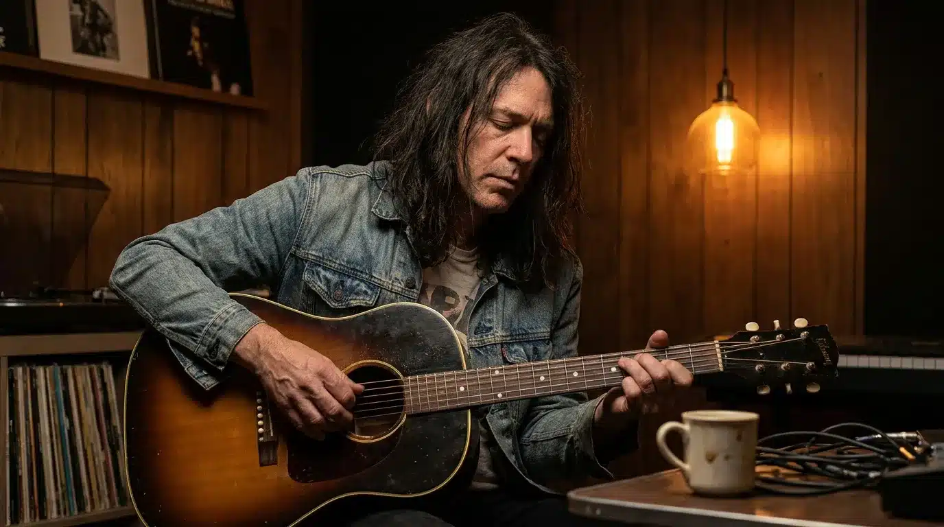Homme jouant de la guitare acoustique dans un studio