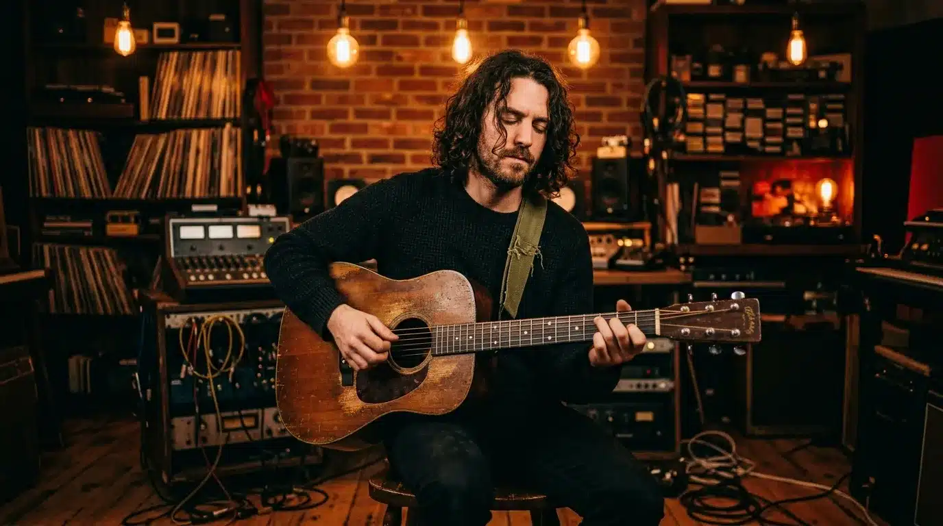 Homme jouant guitare acoustique dans studio professionnel