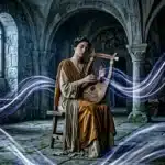 Homme jouant de la harpe avec traînées lumineuses bleues