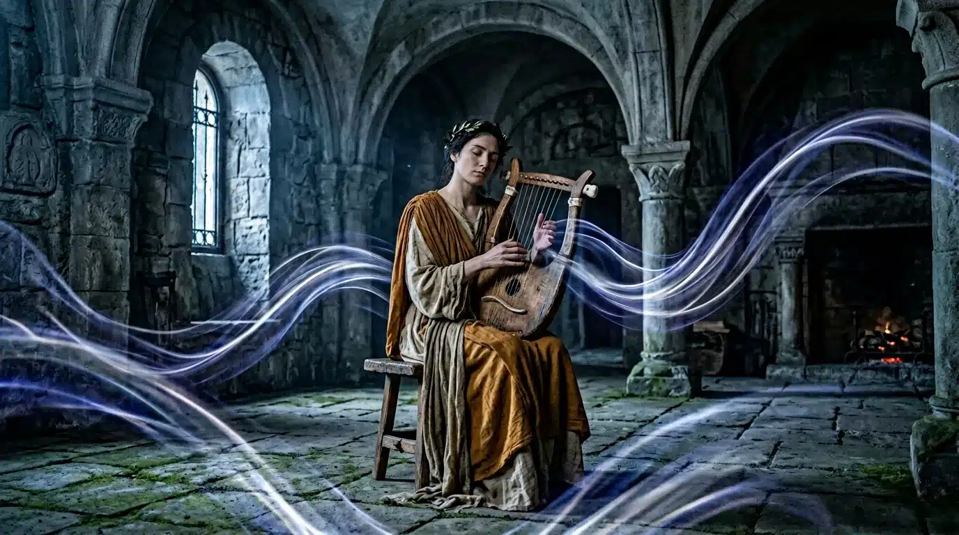 Homme jouant de la harpe avec traînées lumineuses bleues
