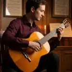 Jeune homme en chemise bordeaux jouant de la guitare classique en bibliothèque