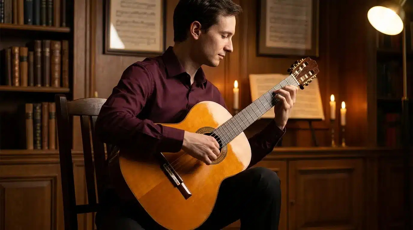 Jeune homme en chemise bordeaux jouant de la guitare classique en bibliothèque