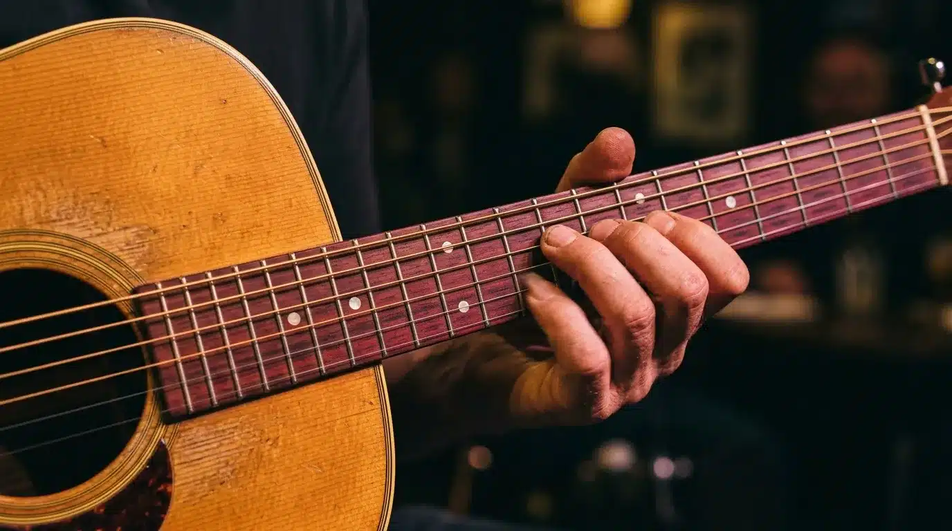 Main de musicien sur le manche d'une guitare acoustique
