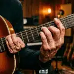 Mains d'un musicien jouant une guitare acoustique en bois