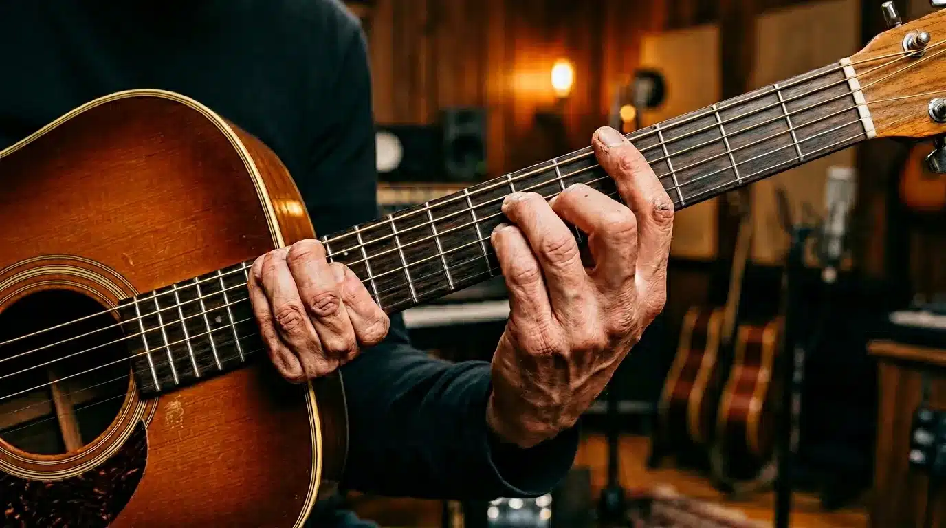 Mains d'un musicien jouant une guitare acoustique en bois