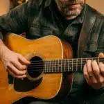 Homme barbu jouant guitare acoustique vintage en intérieur