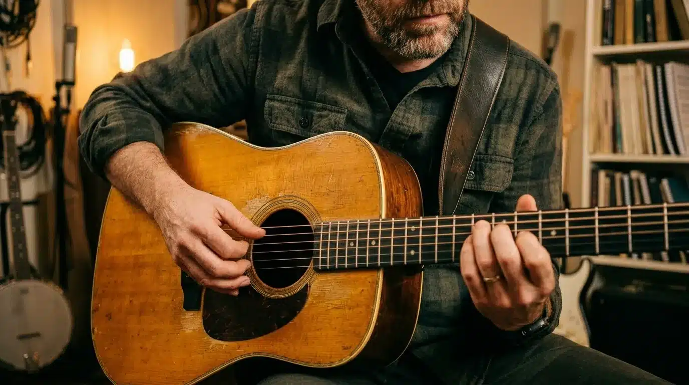 Homme barbu jouant guitare acoustique vintage en intérieur
