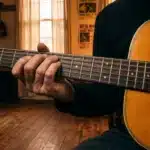 Main jouant une guitare acoustique en bois clair