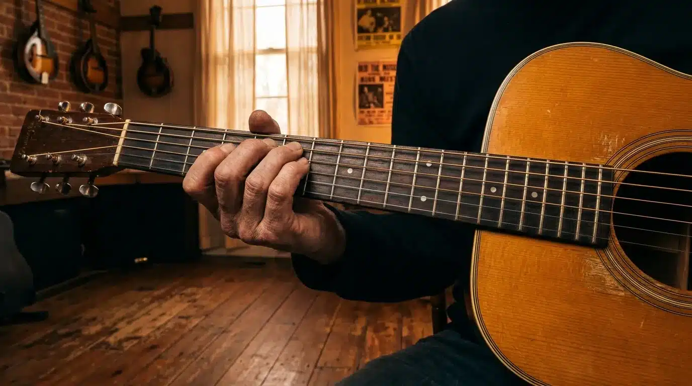 Main jouant une guitare acoustique en bois clair