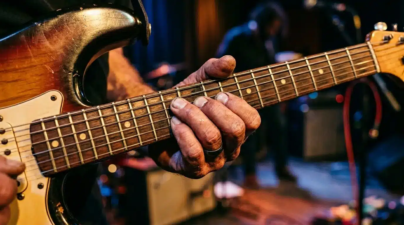 Main de musicien sur le manche d'une guitare électrique