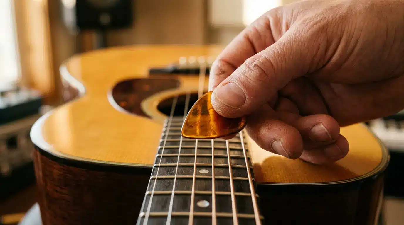 Main tenant un médiator sur les cordes d'une guitare acoustique