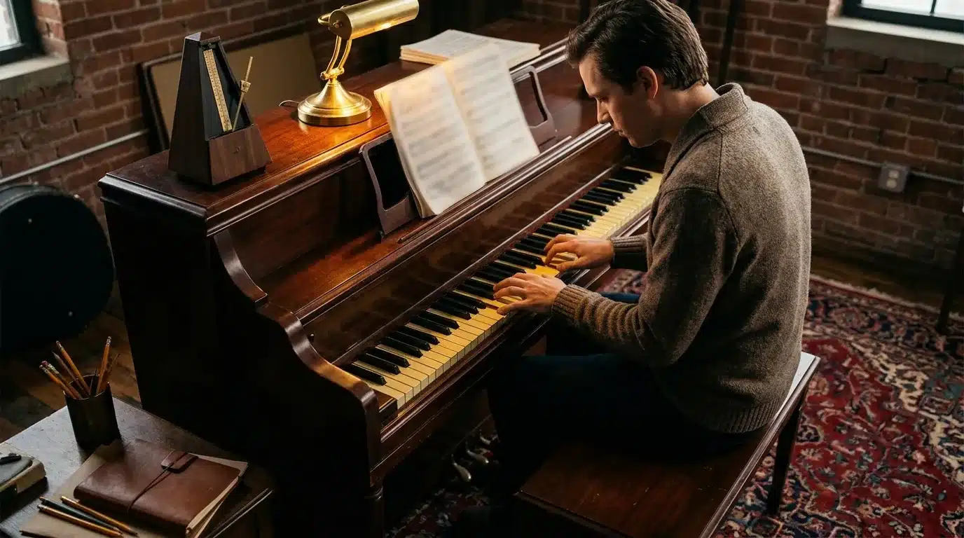Homme jouant du piano en bois dans un studio musical élégant