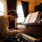 Homme en pull beige jouant du piano noir dans une bibliothèque ensoleillée